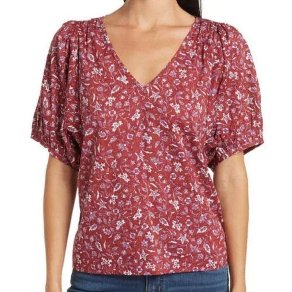 MADEWELL Cotton V-Neck Puff Sleeve Top in Batik Vine Weathered Brick - XS